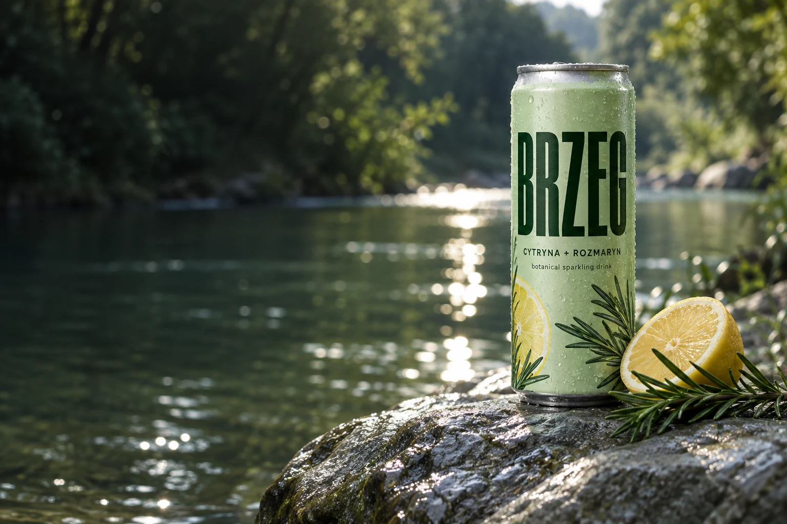 Puszka BRZEG z cytryną i rozmarynem na kamieniu nad wodą